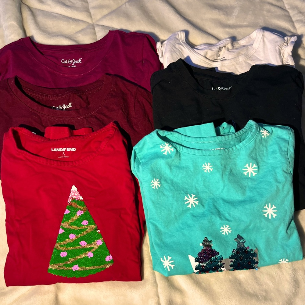 6 holiday long sleeve shirts. Lanes End, Cat & Jack and Carters. Size 7/8.
